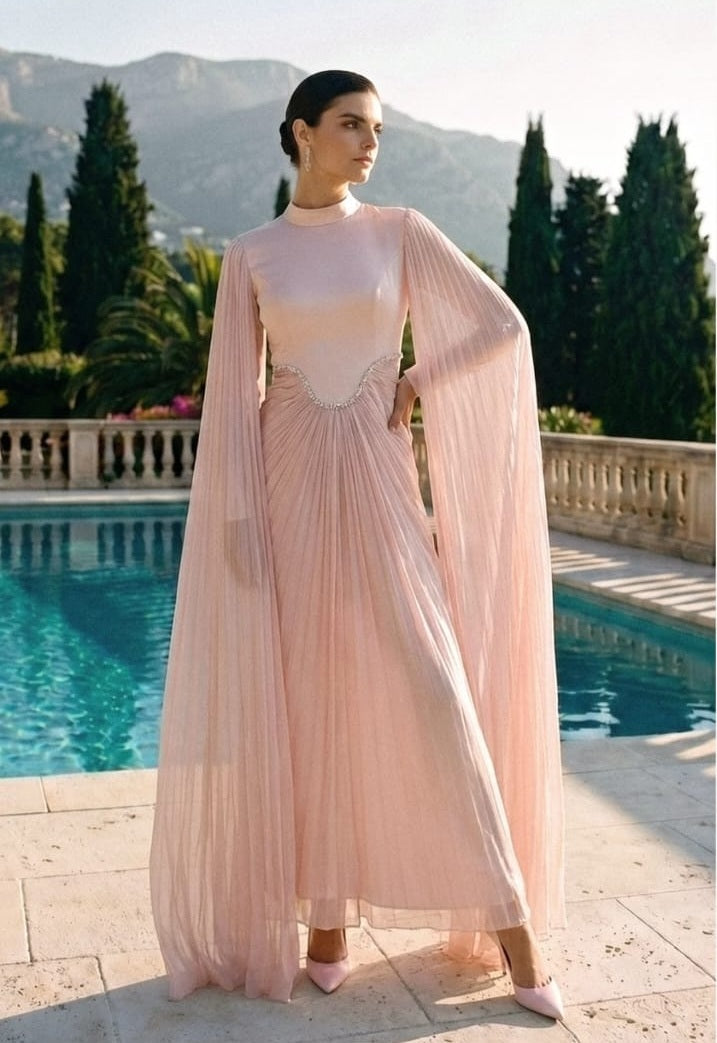 Long Sleeve Maxi Dress with Draped Overlay and Crystal Belt - Blush Pink