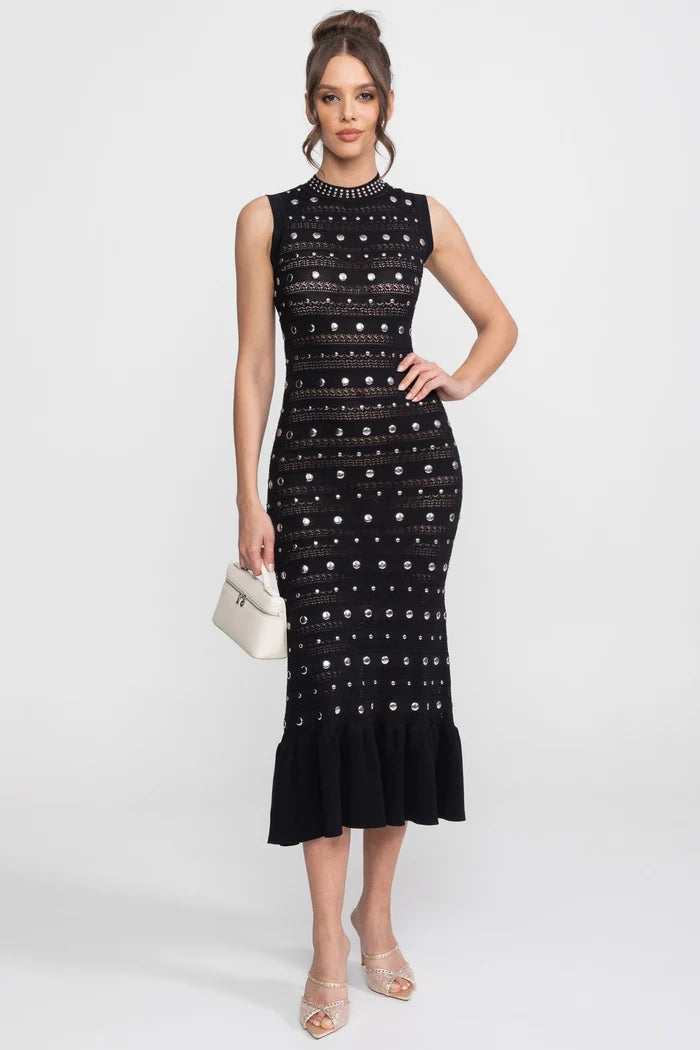 Embellished Knit Midi Dress With High Neck And Ruffle Hem - Black