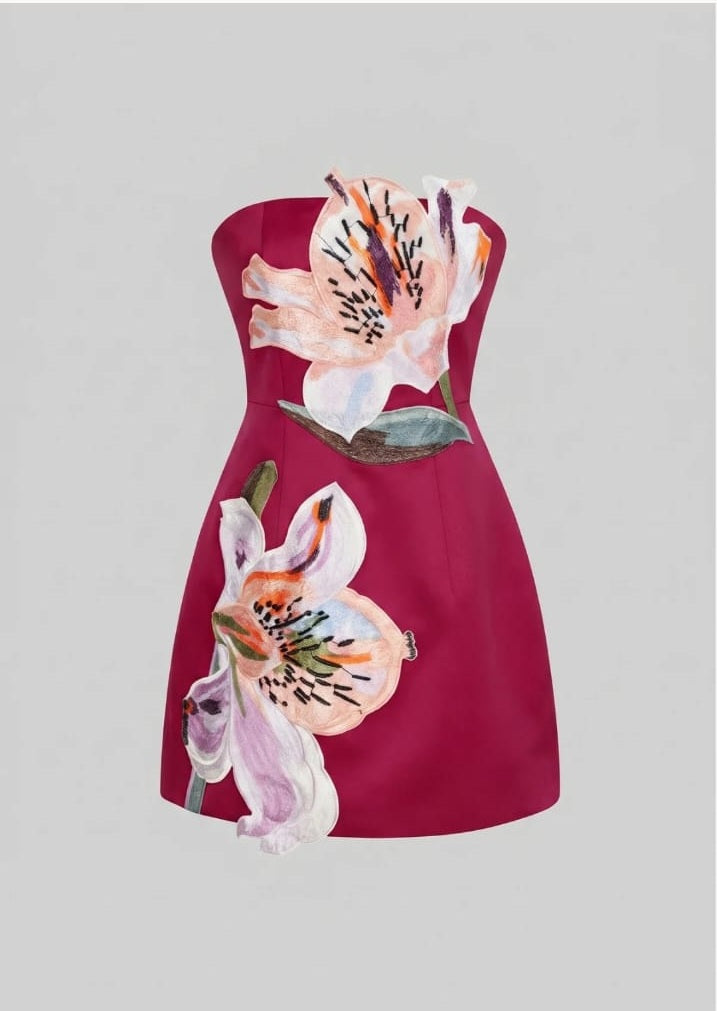 Strapless floral print mini dress with structured bodice - Red