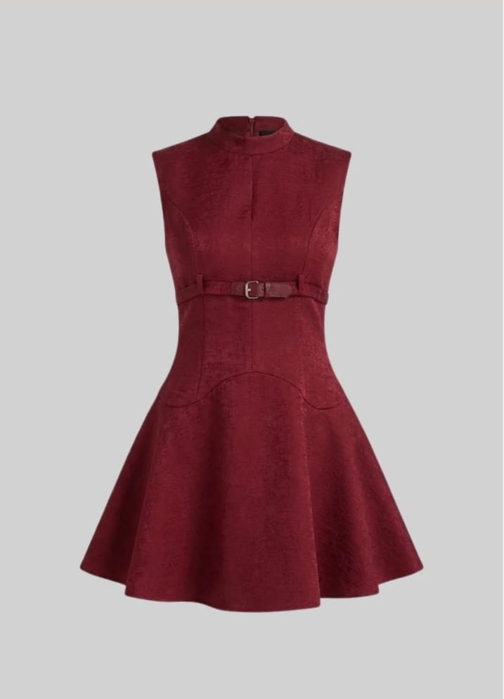 Sleeveless Mini Dress With High Neckline And Buckled Belted Waist - Burgundy