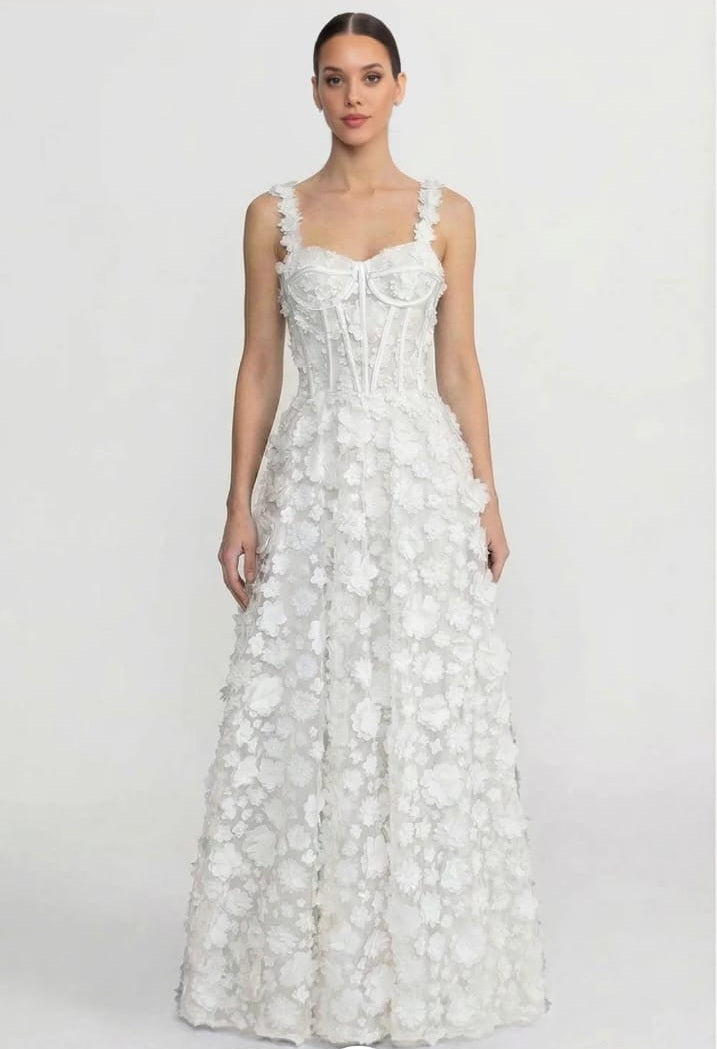 Floral Appliqué Maxi Dress with Built-in Corset - White
