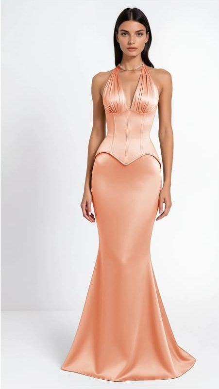 Aurélie Orange Halterneck Mermaid Maxi Dress