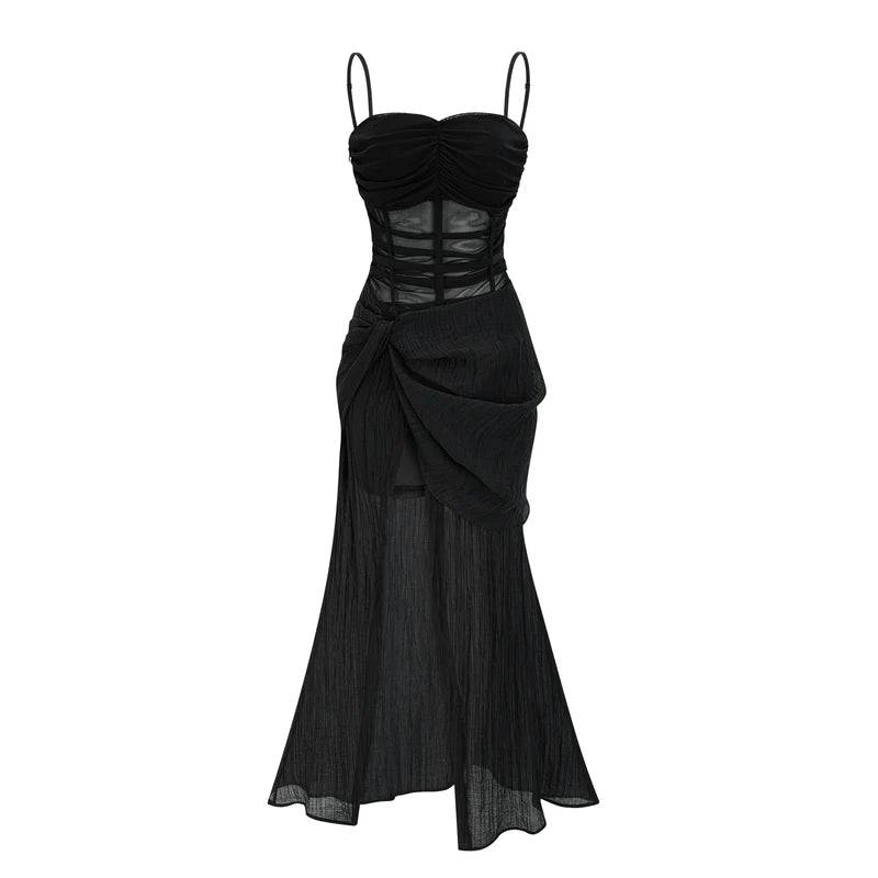Guinevere black sheer asymmetric midi dress