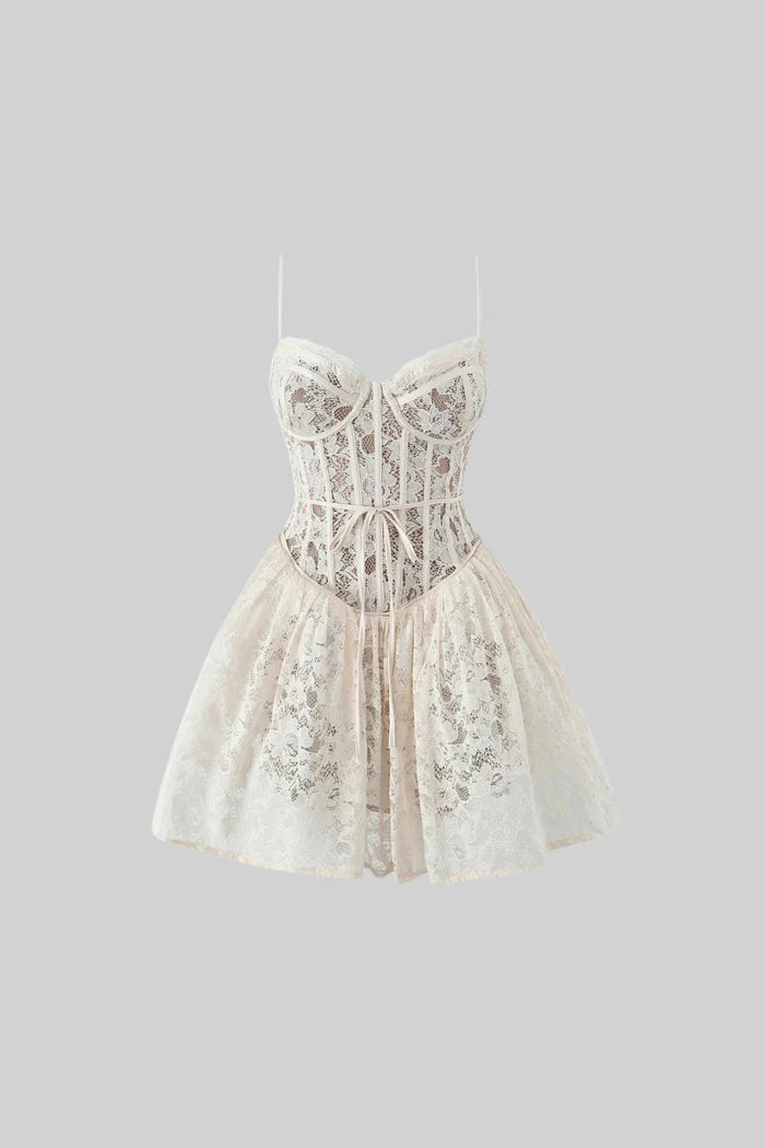 Elegant Lace Strapless Dress With Fitted Bodice And Flared Skirt - White