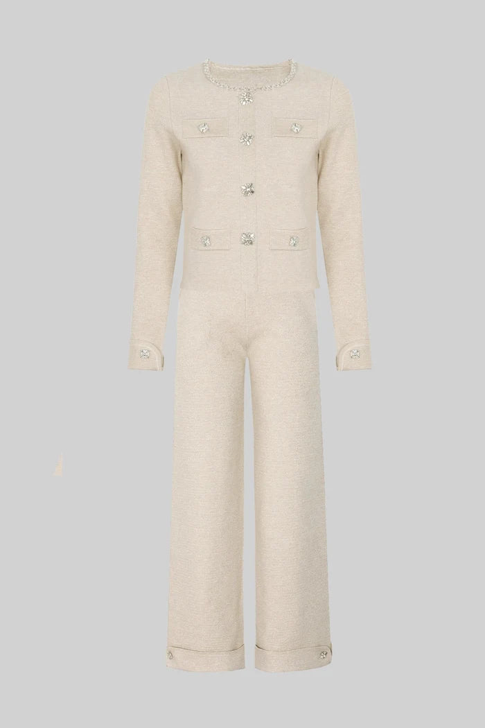 Long Sleeve Knit Co-Ord Set With Sparkling Embellishments - Beige