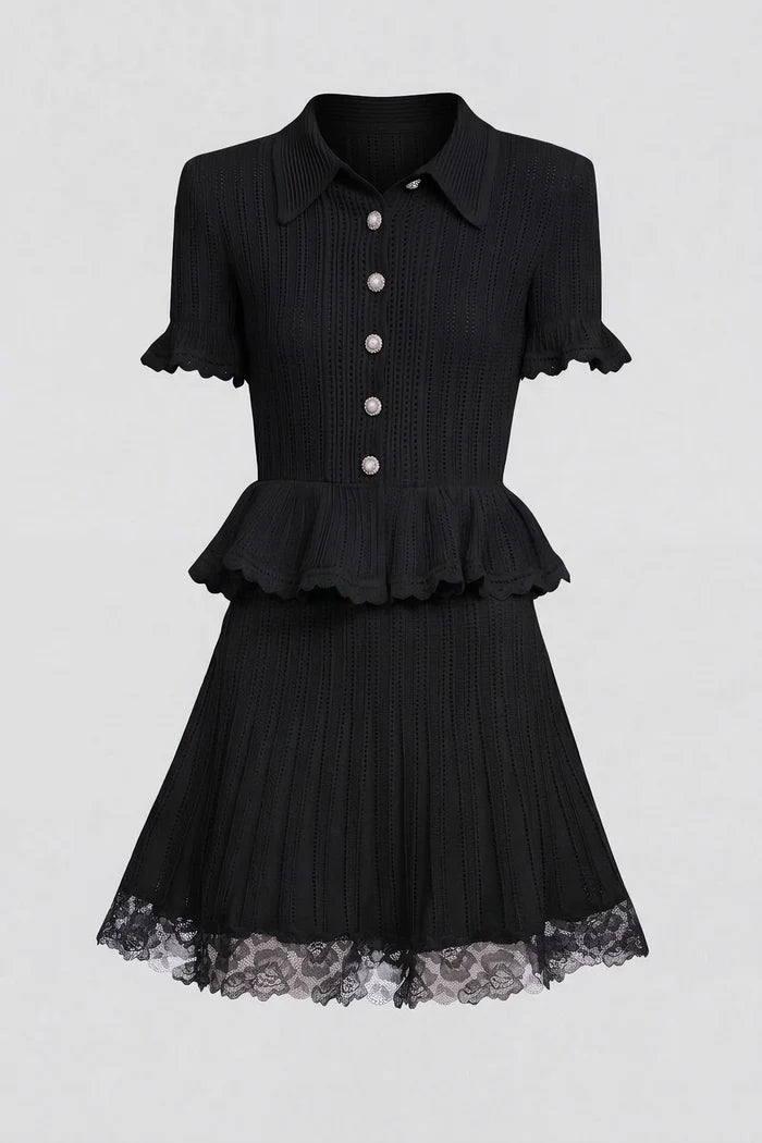 Polo-Collar with Button Top and Mini Skirt Set - Black