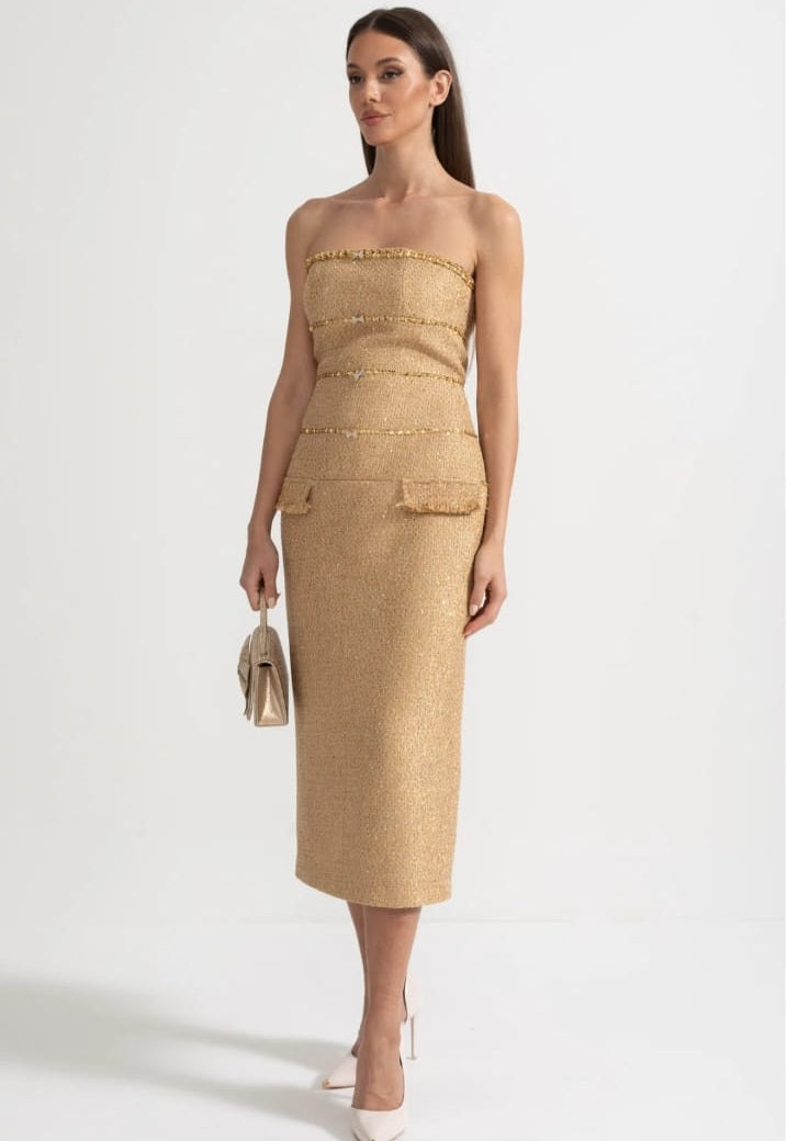 Strapless Textured Dress With Sequin Decorative Trim And Sparkling Ribbon Appliques - Gold