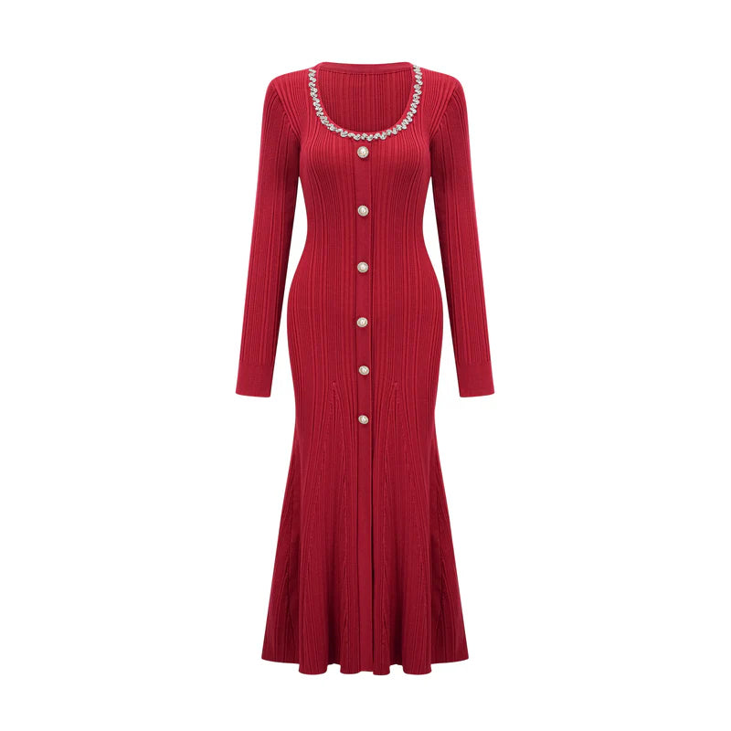 Anaxarete red embellished knitted midi dress