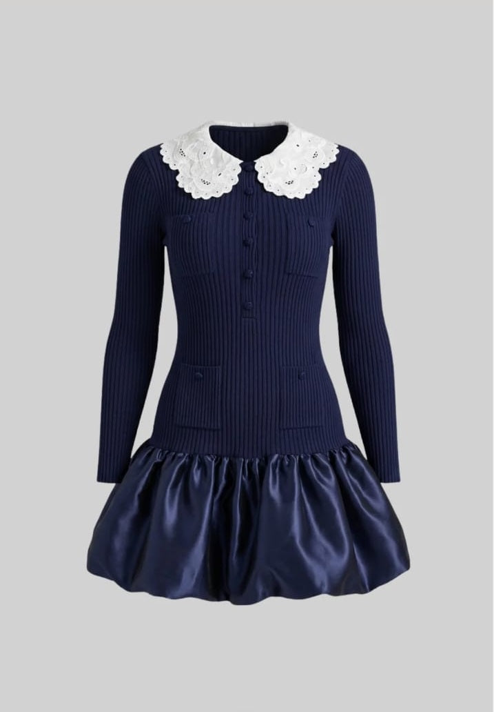 Knit Long Sleeve Mini Dress With Broderie Collar - Navy