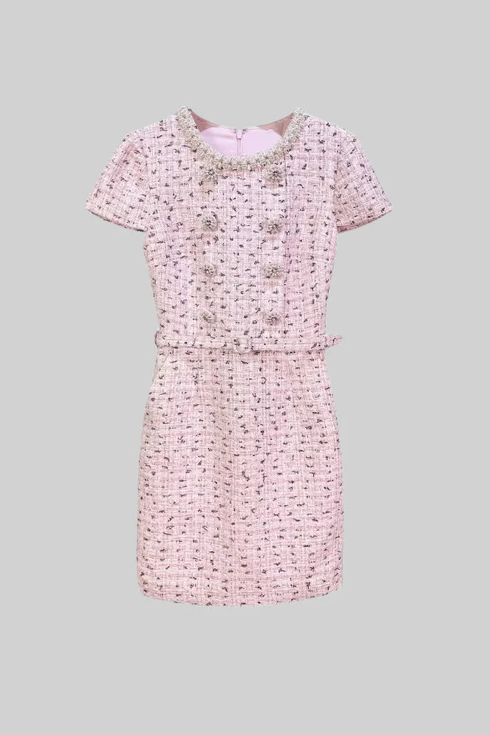 Elegant Textured Mini Dress With Short Sleeves And Matching Belt - Pink