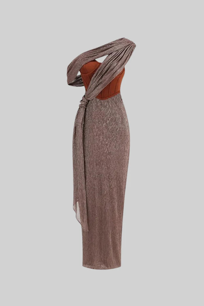 One-Shoulder Metallic Drape Dress With Structured Corset – Brown/Bronze