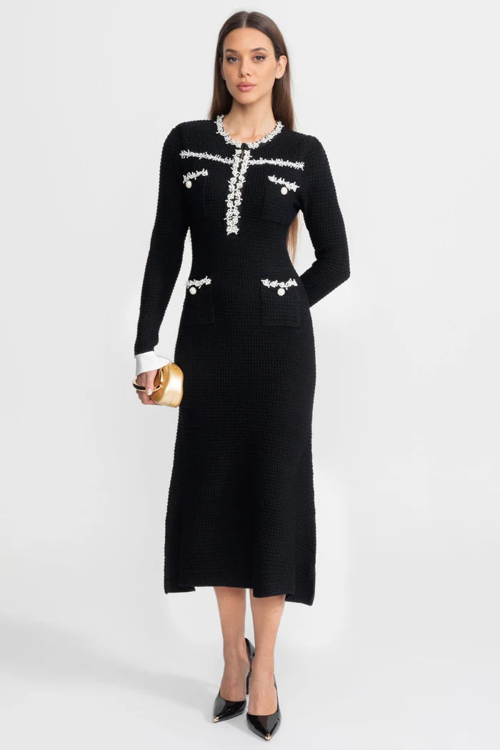 Textured Midi Dress with Contrast Embroidered Trim – Black