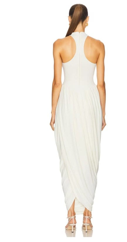 Catalina White Halterneck Draped Maxi Dress-white