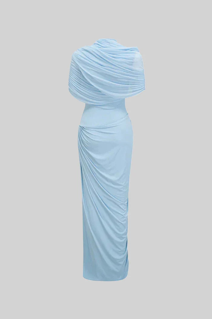 Elegant 3-Piece Maxi Dress With Ruched Details And Draping Skirt - Baby Blue