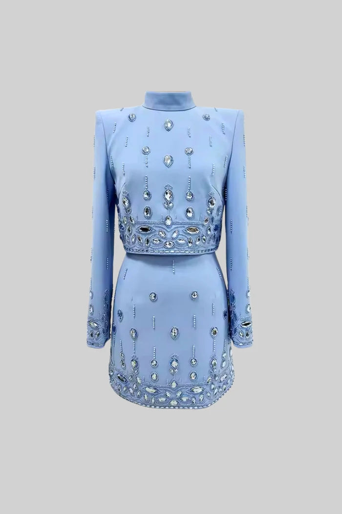 Diamond Embellished Co-Ord with Mini Skirt - Baby Blue
