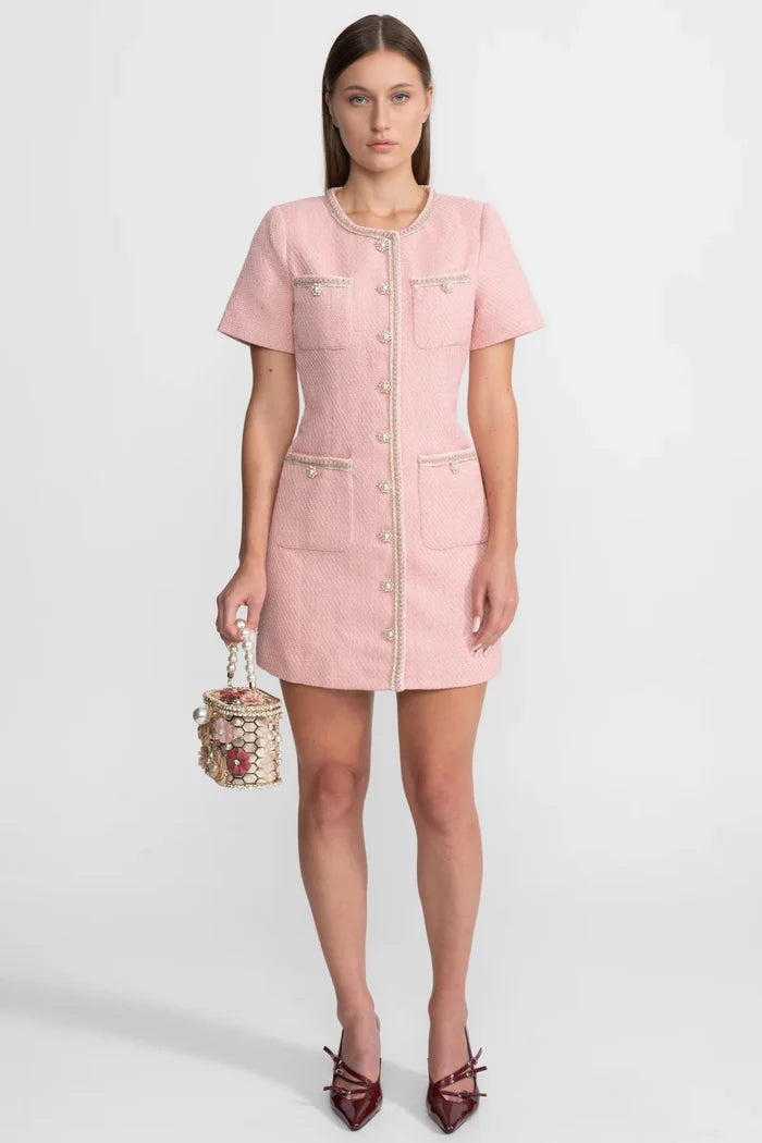 Short Sleeve Tweed Mini Dress With Pearl Buttons – Blush Pink
