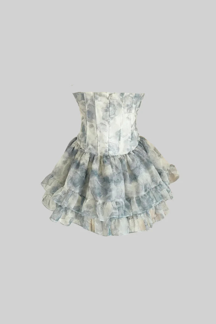 Elegant Corset Mini Dress With Layered Sheer Skirt And Pastel Floral Pattern - White/Blue