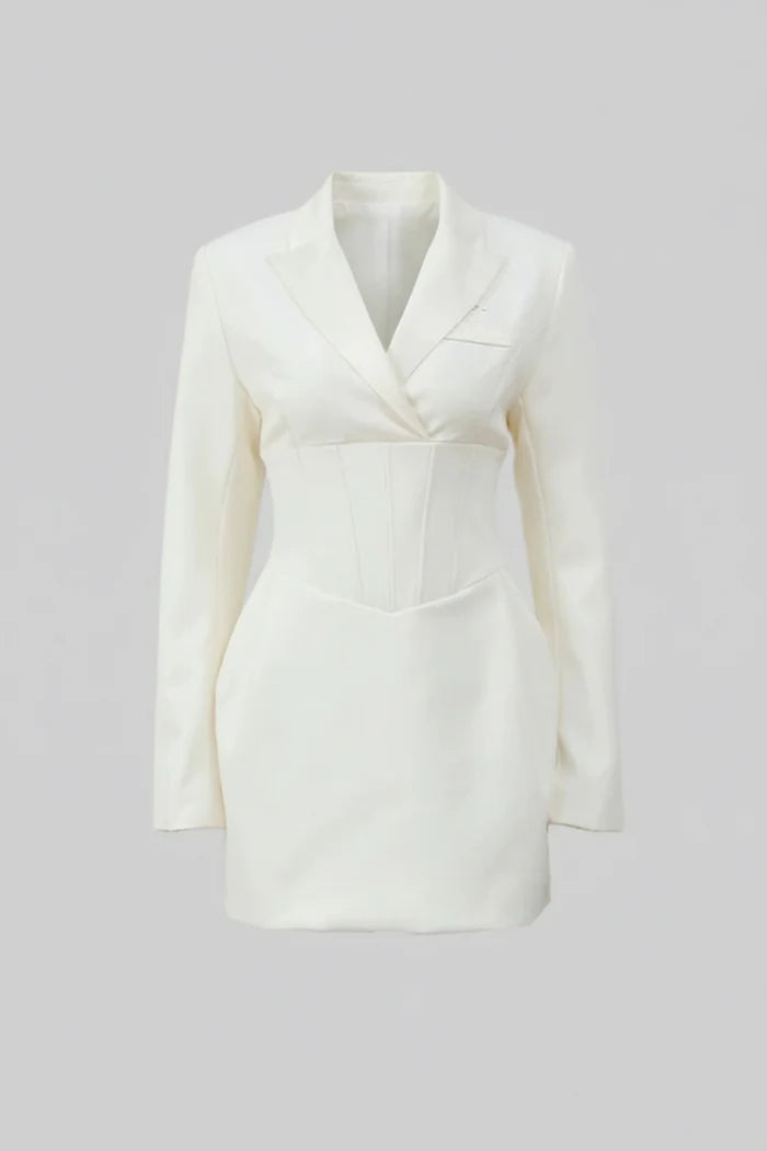 Structured Mini Blazer Dress With Corset Waist – Ivoire