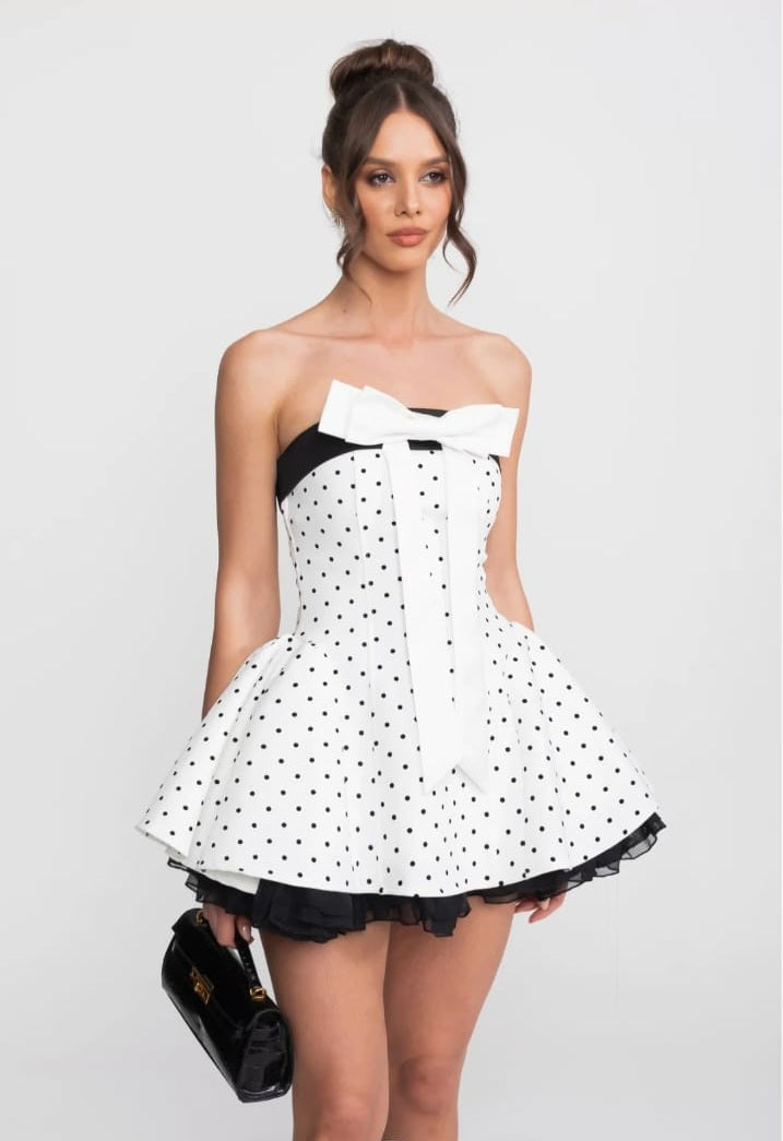 Strapless Velvet Mini Dress With Satin Bow And Ruffle Hem - White