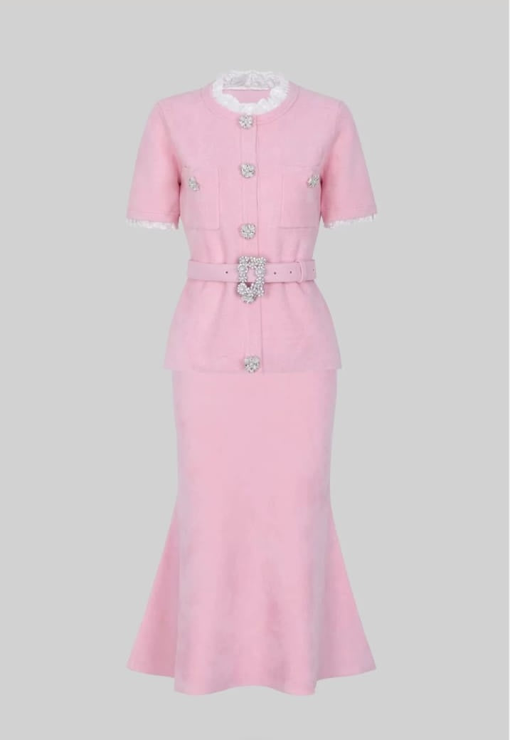 Short Sleeve Co-Ord With Peplum Waist And Crystal Button Belt - Blush Pink