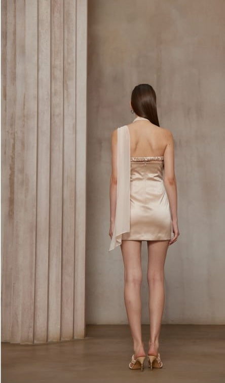 Amber Light Pink Asymmetrical Draped Chiffon Mini Dress