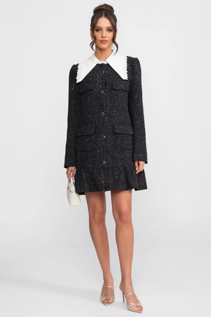 Bouclé Tweed Mini Dress With Lace-Trim Collar And Ruffle Hem - Charcoal