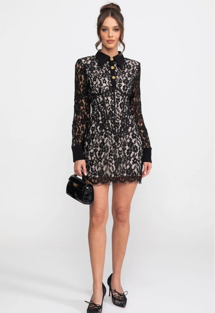 Long Sleeved Lace Mini Dress With Scallop Hem - Black