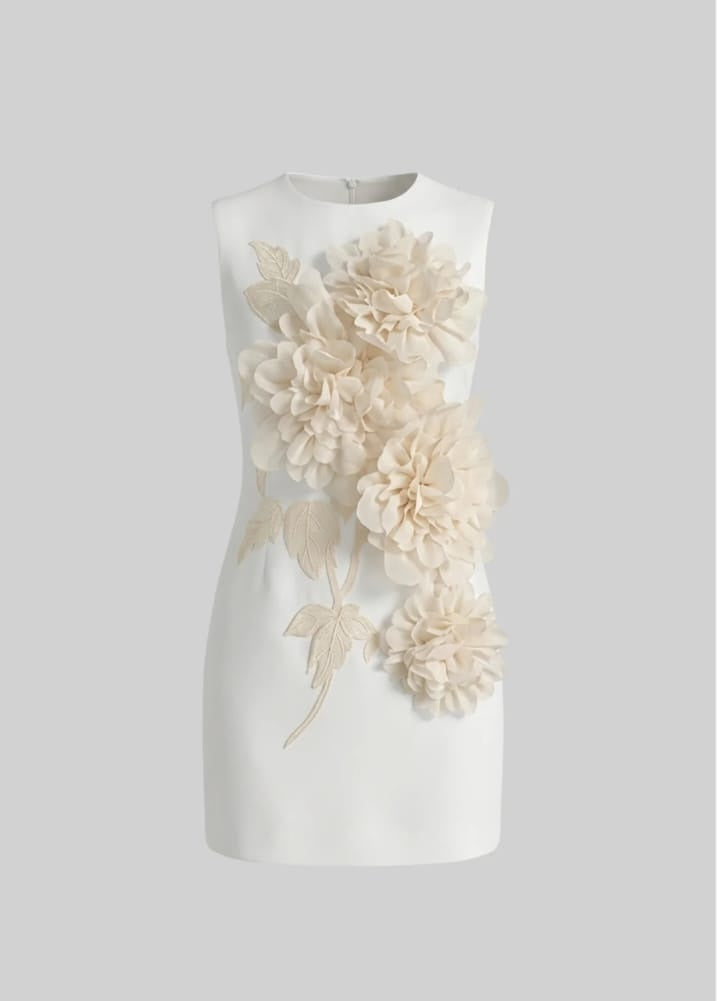 Sleeveless Mini Dress With Round Neckline And 3D Floral Appliqué - White