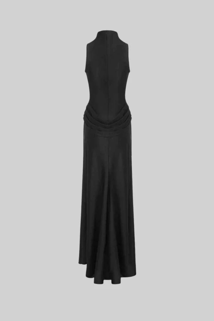 Sleeveless Maxi Dress with Draped Waist and Side Slit - Black