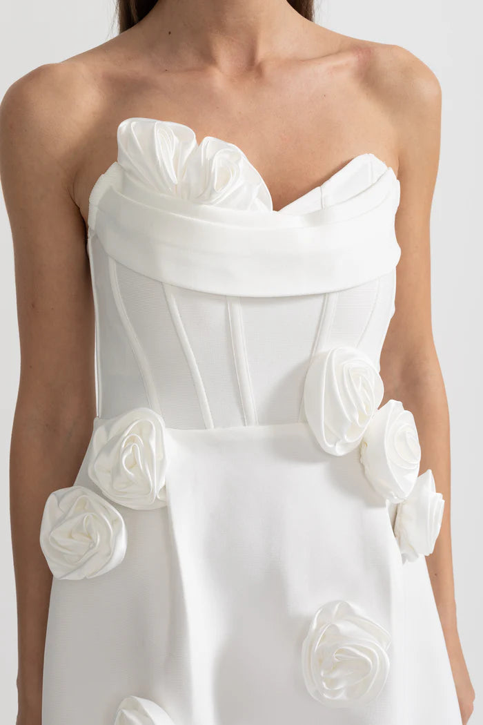 Strapless Mini Dress with Sculptural Floral Appliqués - White