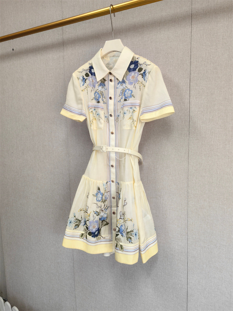Retro Lapel Floral Belted Waist Shirt Dress