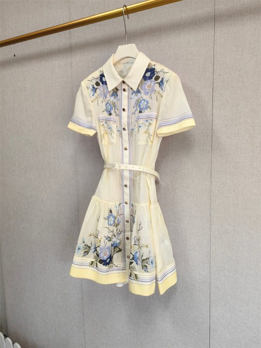 Retro Lapel Floral Belted Waist Shirt Dress