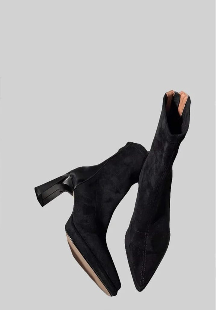 Glossy Heel Suede Ankle Boot - Black