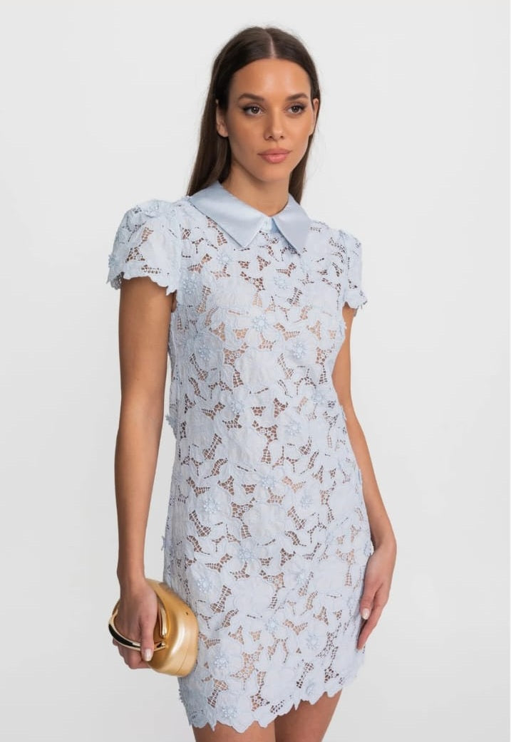 Floral Lace Mini Dress with Satin Collar – Light Blue