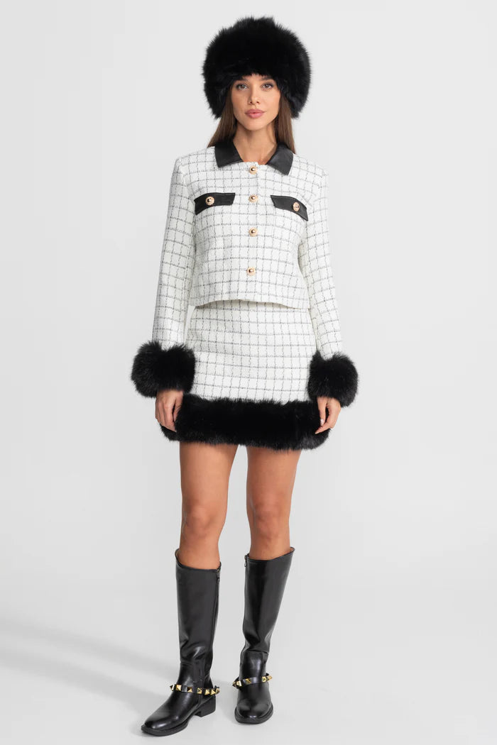 Tweed Co-Ord Set With Faux Fur Trim And Contrast Leather Details – White And Black