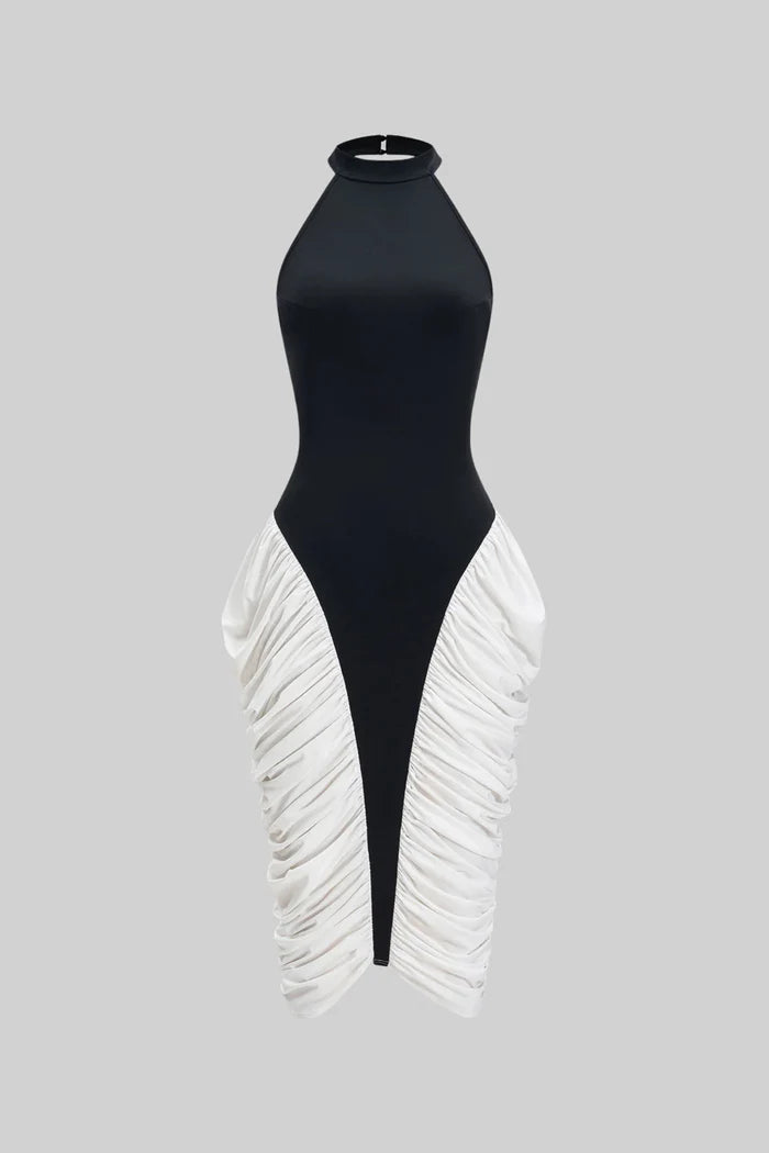 Two-Tone Ruched Halter Midi Dress – Black & White