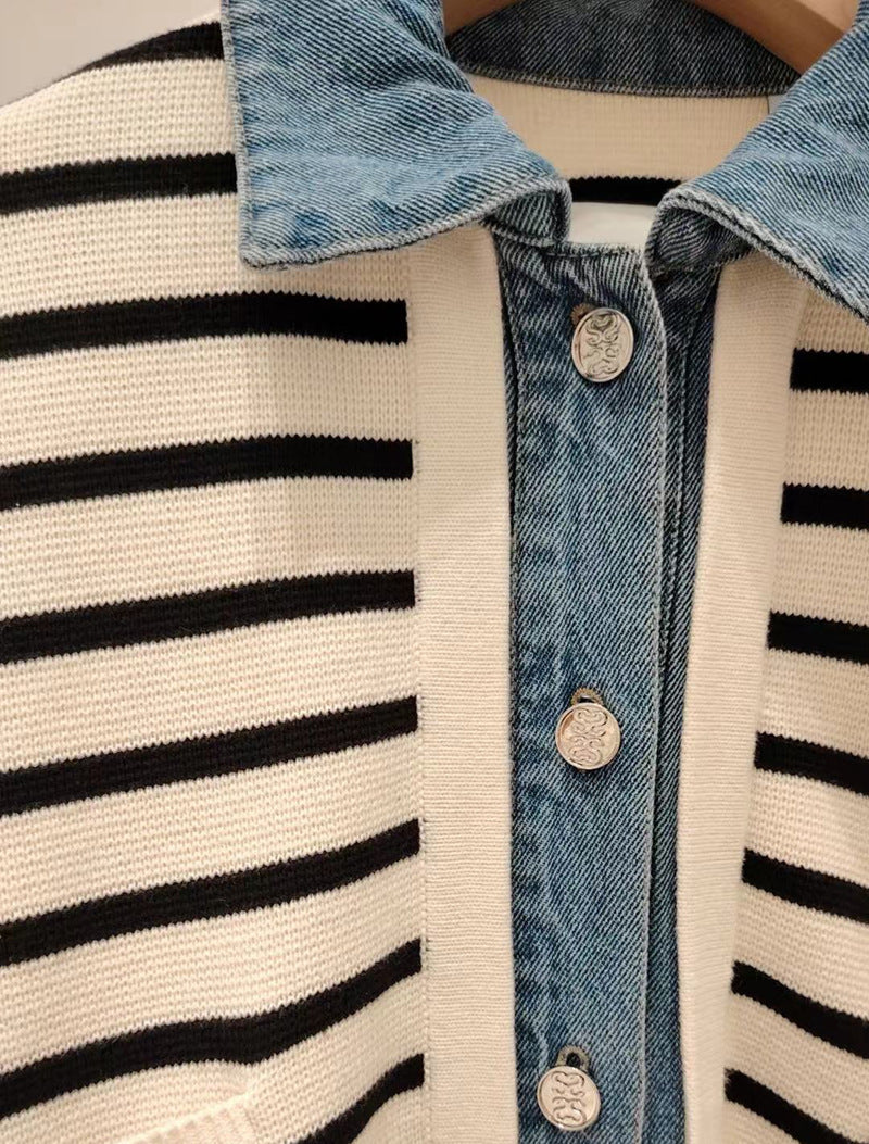 Denim Shirt Collar Striped Knit Short Jacket