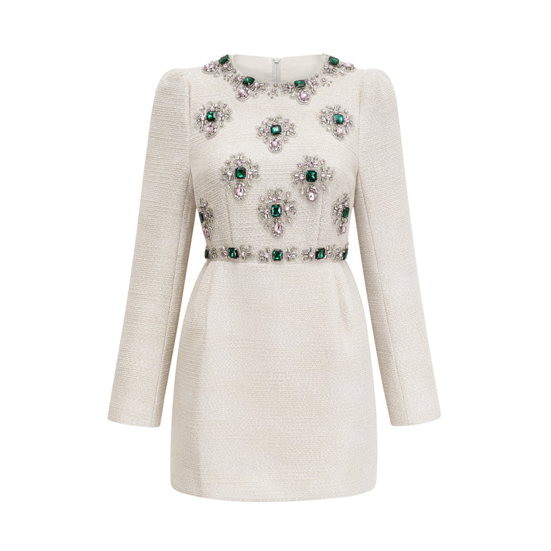 Pauline White Tweed Mini-robe ornée de perles de perles