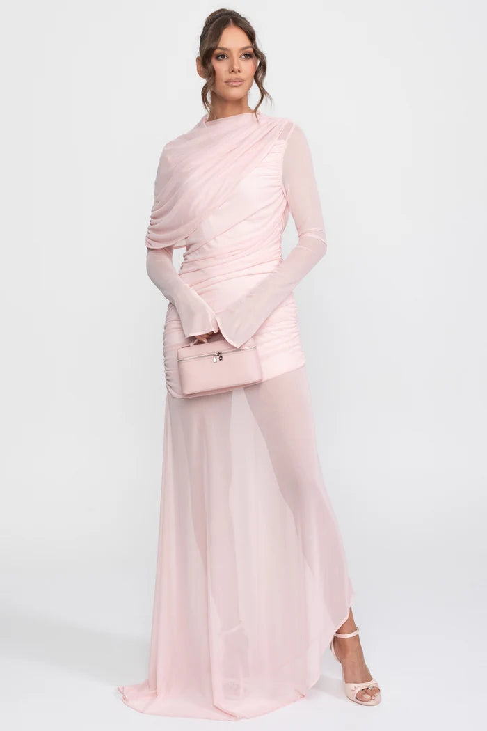 Draped Shoulder Maxi Dress With Sheer Skirt - Pink