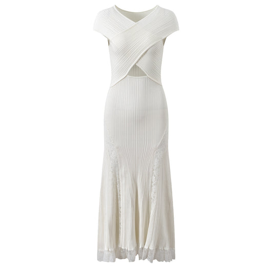 Cross collar hollow lace splicing slim dress