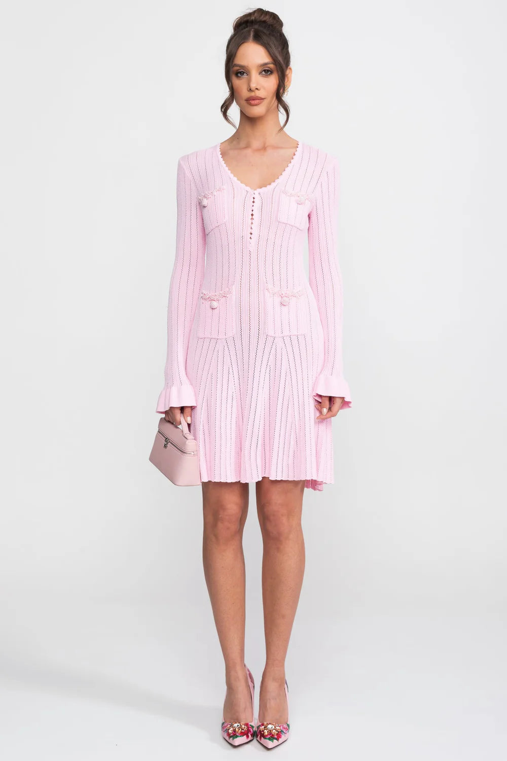 Open-Knit Mini Dress With Scallop Neck And Ruffle Cuffs - Pink