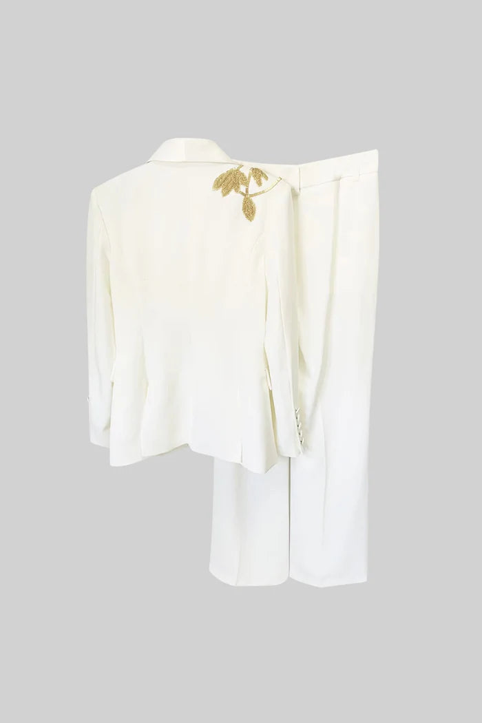 Luxurious Tailored Gilded Leaf Embroidered Blazer & Pants - White