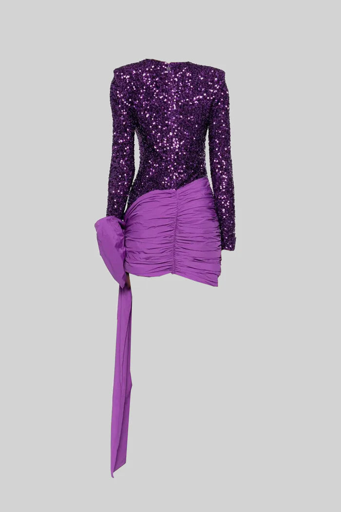 Elegant Sequin Dress With Asymmetric Bow Detailing - Purple