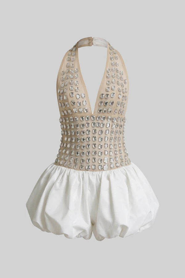 Crystal-Embellished Halter Mini Dress With Bubble Skirt - White