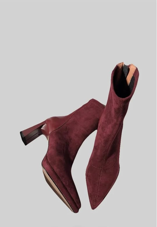 Glossy Heel Suede Ankle Boot - Burgundy
