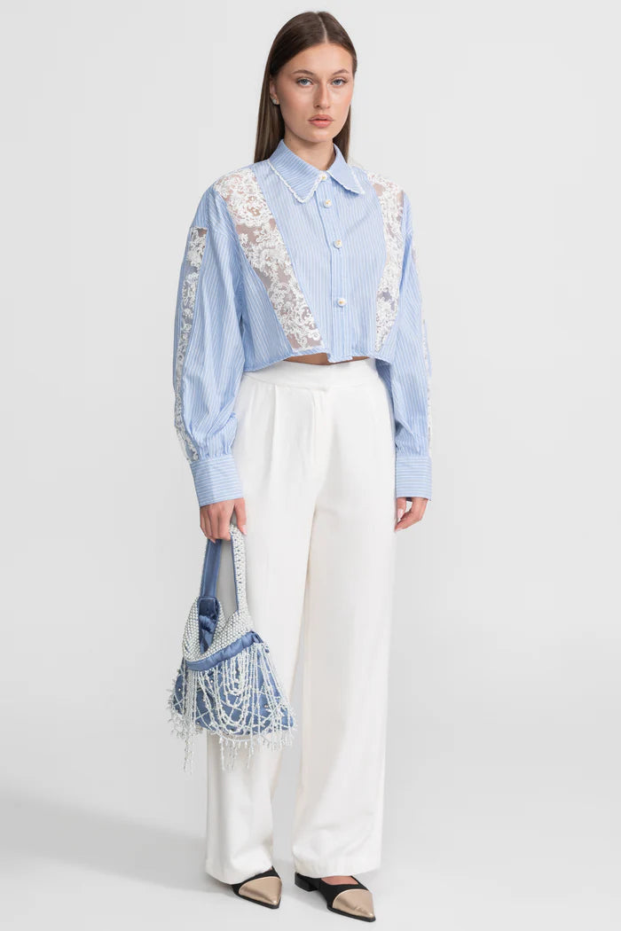 triped Cotton and Lace Panel Shirt – Light Blue