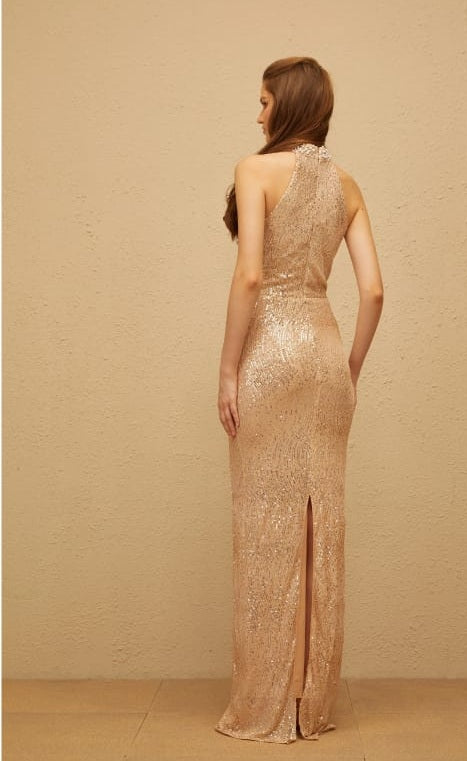 Adél Neutral Halterneck Embellished Maxi Gown
