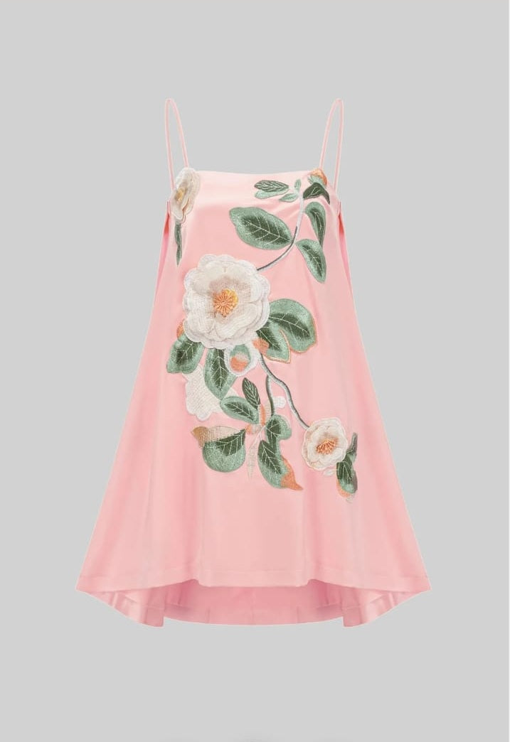 Spaghetti-Strap Mini Dress With 3D Floral Appliqué And A-Line Skirt - Pink