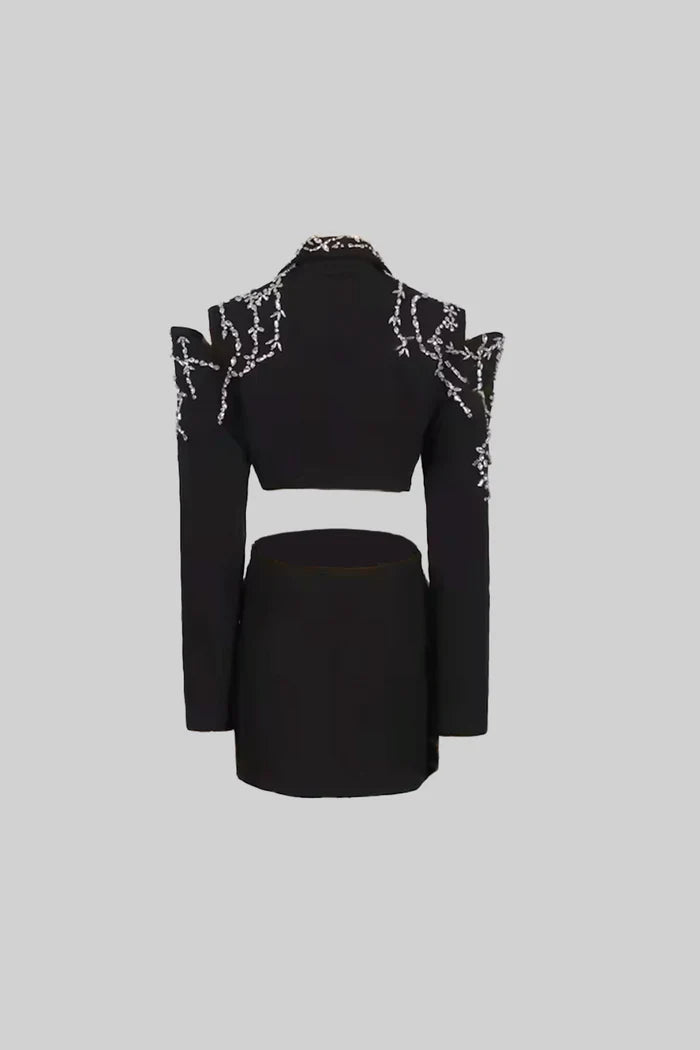 Embroidered Elegant Blazer with Waist Cutouts - Black