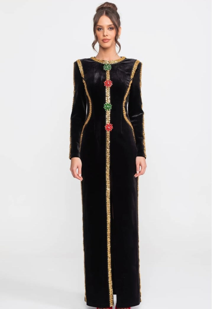 Velvet Maxi Dress With Gold Sequin Trim And Crystal Brooch Detail - Black